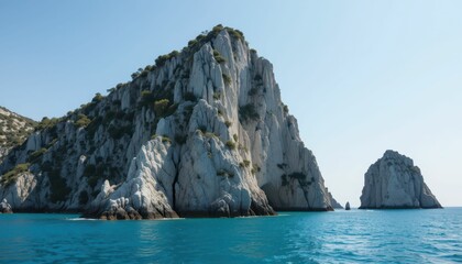 Naklejka premium Majestic Rocky Cliffs Surrounded by Crystal Clear Blue Water