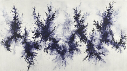 Abstract dark blue ink painting on white background, resembling stylized trees or plants.  Suitable for art, design, or home decor