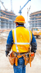 Construction worker in winter, back view, snowy site