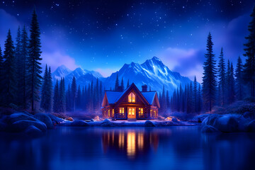 Fototapeta premium Cozy cabin nestled in snowy mountains, reflecting in serene lake under starry night