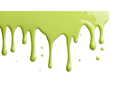 This image shows a close up of green paint dripping from a surface with smooth texture. transparent background, cut out, PNG 3D Digital Art.