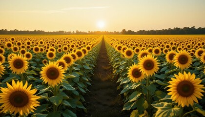 Fototapeta premium Vibrant Sunflower Field at Sunrise with Clear Blue Sky and Sun