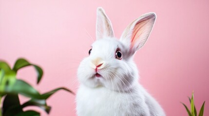 Obraz premium Adorable White Bunny Rabbit Pink Background Soft Fur Pet Animal Easter