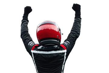 Isolated Celebrating Racer with Raised Arms in Bright Racing Suit