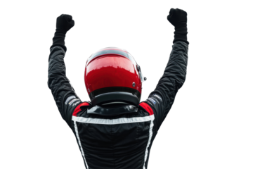 Isolated Celebrating Racer with Raised Arms in Bright Racing Suit