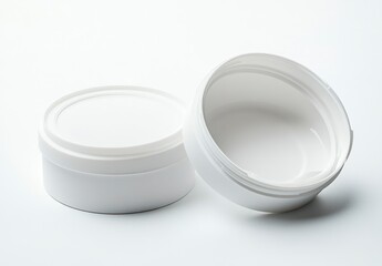 Two White Plastic Containers on a Seamless White Backdrop for Skincare Products