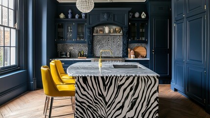 Zebra-print island, navy kitchen, London home, interior design