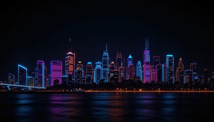 Obraz premium Vibrant City Skyline at Night with Neon Lights and Reflections