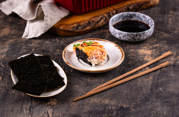 Baked sushi roll cake with crab surimi sticks