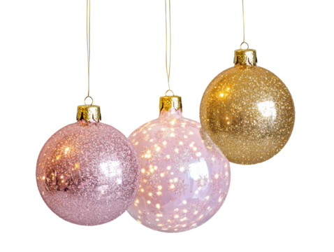 Isolated Trio of Glittery Pink and Gold Christmas Ornaments