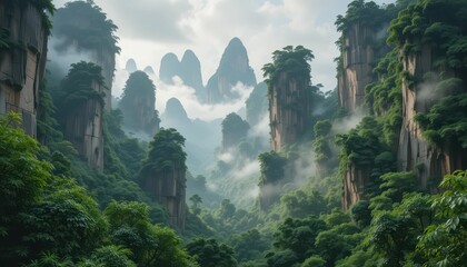 Lush Green Valley Surrounded by Towering Rocky Mountains and Mist