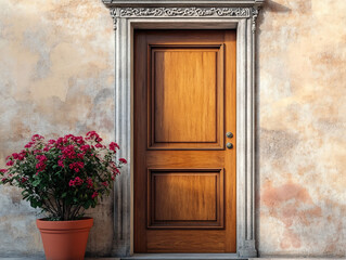  A classic, ornate wooden door is set within a decorative frame. Potted plants often flank the doorway, adding a touch of life. The door features intricate carvings.