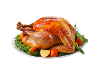 a roasted turkey with various fruit and vegetable garnishes on a platter. transparent background, cut out, PNG 3D Digital Art.