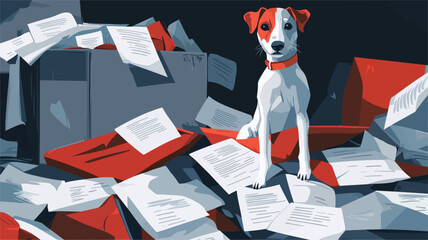 A stylized vector illustration of a Jack Russell Terrier dog sitting amidst a large pile of papers and documents. The style is flat and minimalist, with a limited color palette of reds, whites, and