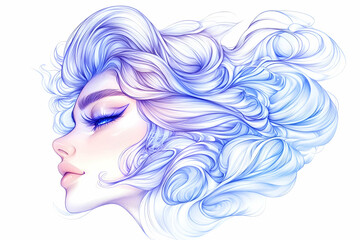 Elegant profile of a woman with flowing, icy-blue hair