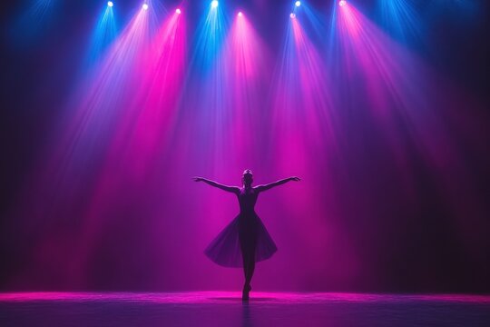 Elegant dancer performs against vibrant stage lights at a theatrical show in a darkened venue