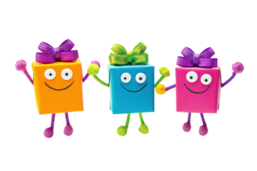 Isolated Whimsical Group of Three Gift Box Characters with Smiling Faces