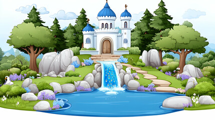 Fairytale castle nestled in a lush forest with a cascading waterfall and pond