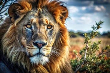 Fototapeta premium African Lion Safari: Intense Gaze Wildlife Photography Close Up