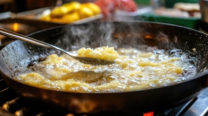 A ladle carefully lowering a piece of dough into bubbling hot oil.