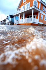 Floodwaters engulfing a house's porch