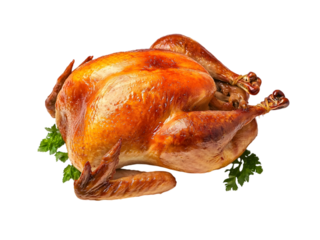 A fully roasted turkey is presented, showcasing its crispy skin, isolated on transparent background, cut out, PNG 3D Digital Art.