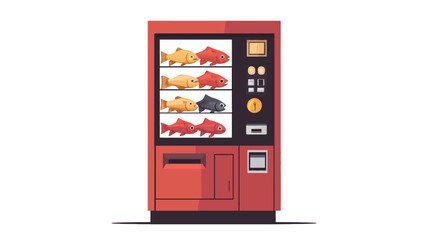 A digital illustration of a red vending machine against a white background. The machine is depicted in a simple, flat style. The vending machine's display window shows several goldfish and koi in