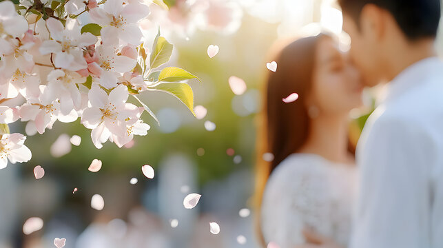 A romantic moment as a couple shares a gentle kiss under delicate cherry blossoms in soft sunlight. Perfect for wedding invitations, love-themed campaigns, and engagement photography. Selective focus - Powered by Adobe