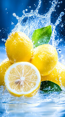 Fresh lemons splashing in water