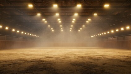 Empty arena, illuminated by spotlights.  Dusty, hazy atmosphere