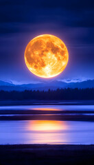 Fototapeta premium Giant orange moon rising over a calm lake and mountains at night