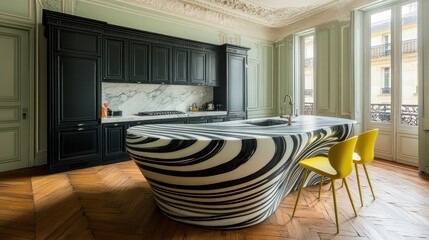 Parisian apartment, modern kitchen, marble island, herringbone floor, luxury design, real estate listing