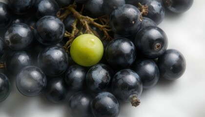 Fresh Black Grapes with One Green Grape on White Background