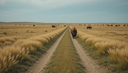 Fototapeta premium Bison Walking on Dirt Road Through Tall Grassland in Open Landscape