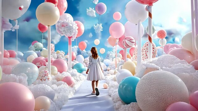 Pink yellow blue 3d candy castle towering over whimsical sugary terrain a woman is walking, pastel hills, colorful dwellings beneath dreamy blue cloudscape a abstract sky background video 4k