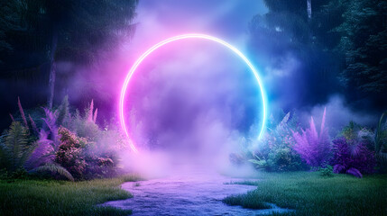 Glowing neon circle in mystical forest scene