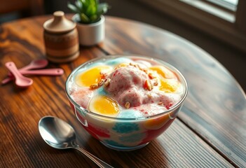 Delicious Bingsu dessert on a rustic wooden table