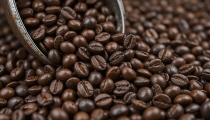 Fototapeta premium Freshly Roasted Coffee Beans with Silver Spoon in Close-Up Shot