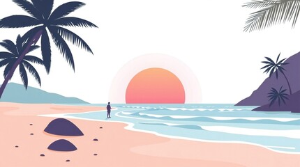Fototapeta premium Modern flat design beach scene with simple two-dimensional shapes