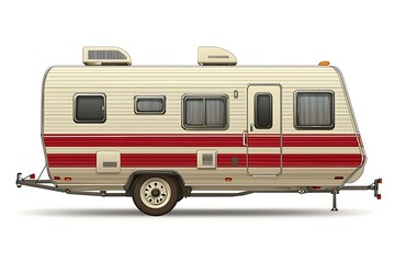 A vintage style red and cream travel trailer sitting still