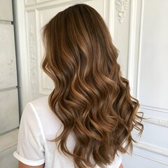 Beautiful long wavy brown hair on a woman from the back. Natural curls with shine and volume, perfect for fashion, beauty, and hair care concepts