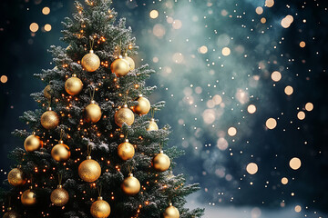 Fototapeta premium Elegant Christmas tree decorated with golden ornaments and twinkling fairy lights, surrounded by a magical snowfall and festive bokeh background.