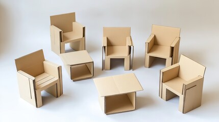 A set of stackable cardboard chairs designed for easy storage.