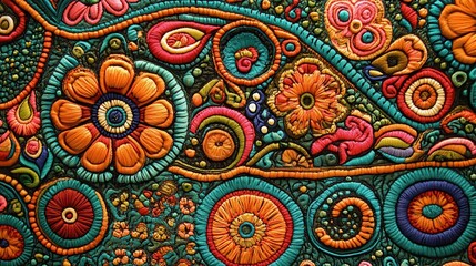 Colorful Textile Pattern with Floral Design and Intricate Details