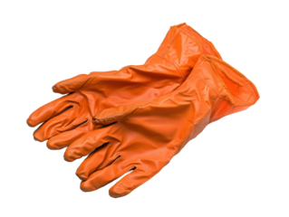 Isolated Two Bright Orange Protective Rubber Gloves