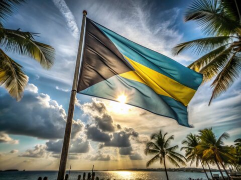 Bahamas Flag Drone Shot, Low Angle National Flag Photography, Aerial View Bahamian Flag
