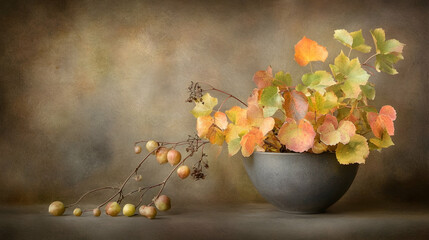 Autumnal Still Life Colorful leaves and berries in a gray bowl against a textured background. Perfect for fall-themed home d?cor or seasonal publications