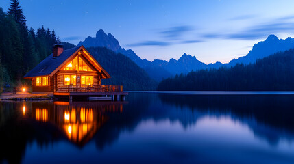 Fototapeta premium Illuminated lakeside cabin nestled in tranquil mountain scenery at twilight