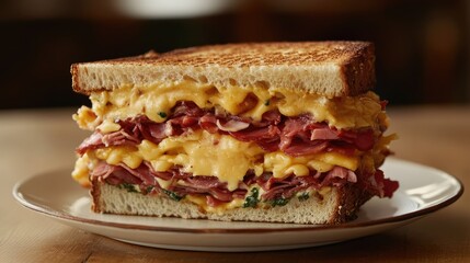 A thick sandwich with multiple layers of cheese, ham, and vegetables.
