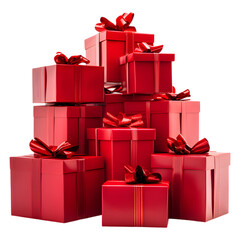 A group of red gift boxes are stacked on each other, all tied with ribbons isolated on transparent background, cut out, PNG 3D Digital Art, clip art.